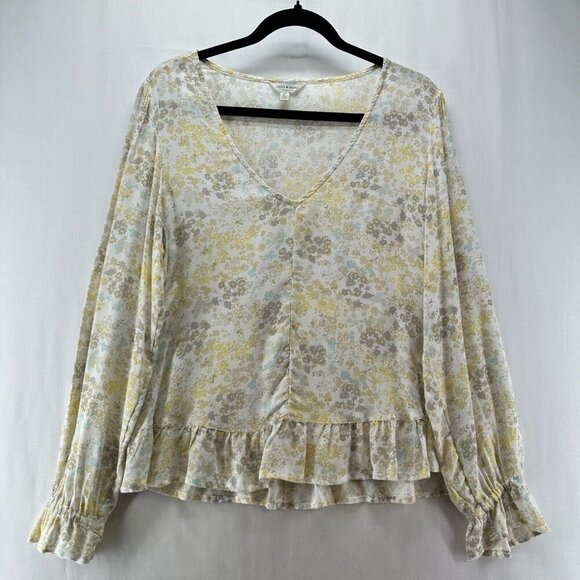 Lucky Brand Tops - Lucky Brand Top Womens Size S Floral Ruffled V-Neck Balloon Sleeve Viscose Beige
